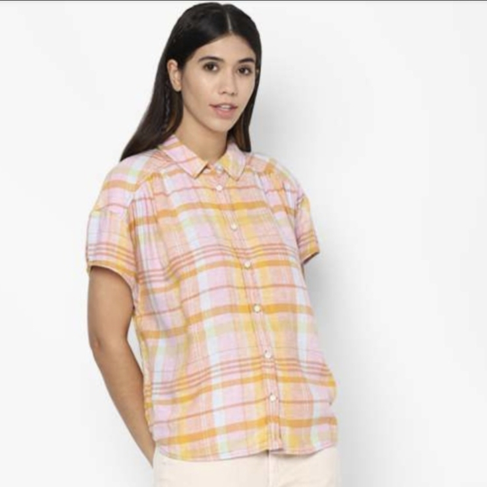 NEW American Eagle Linen Blend Madras Plaid Oversized Fit Button Down Top Large